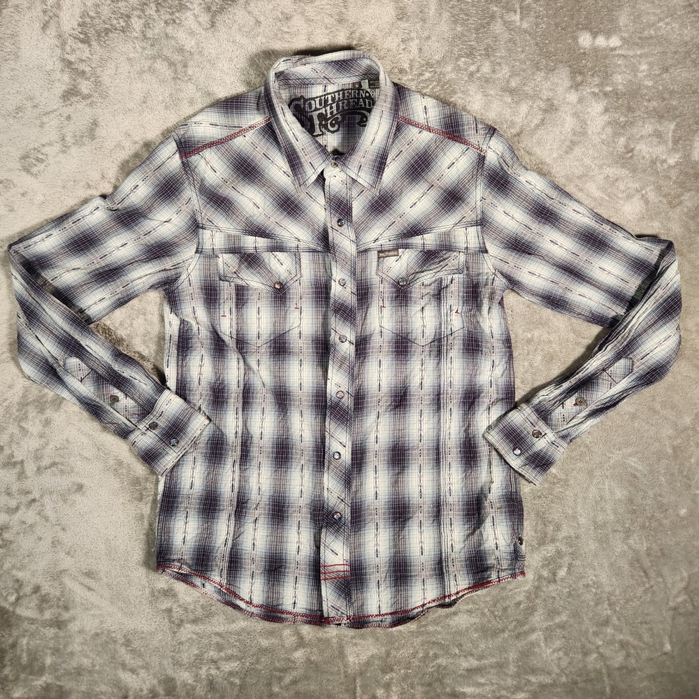 Southern Thread Shirt Men's Plaid Blue‎ Medium Western Snap STW8043000 BLU